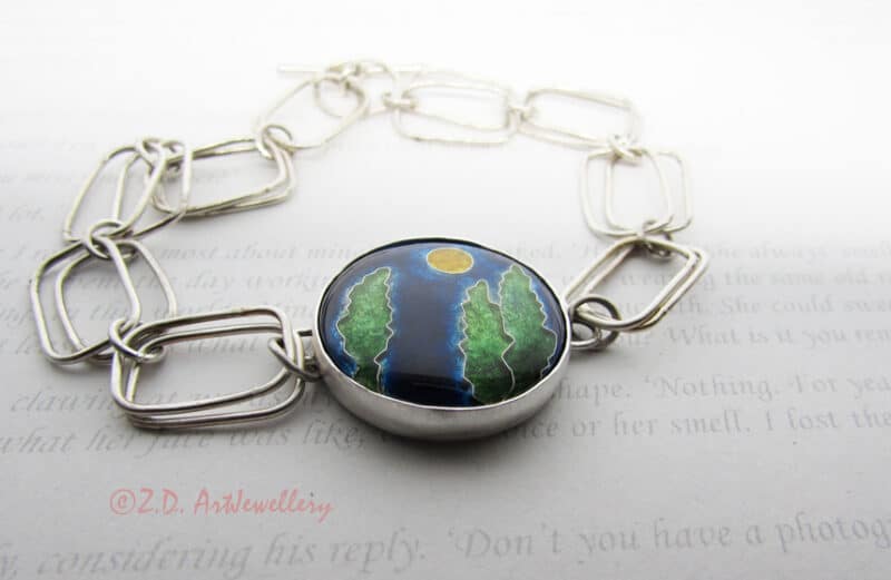 Moon and pine enamel and silver bracelet